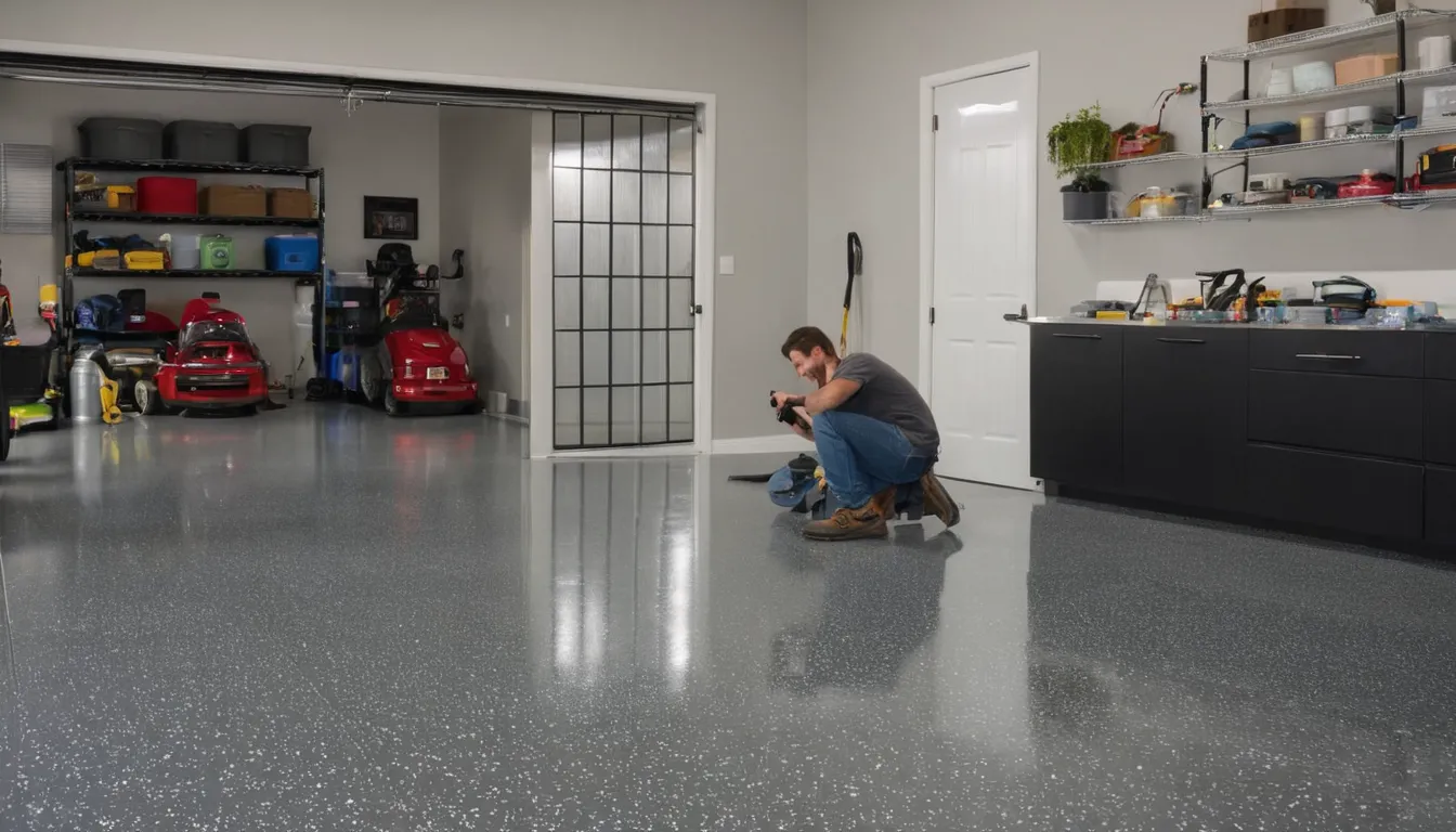 A clean epoxy-coated garage floor with flake finish in a Chesterfield home